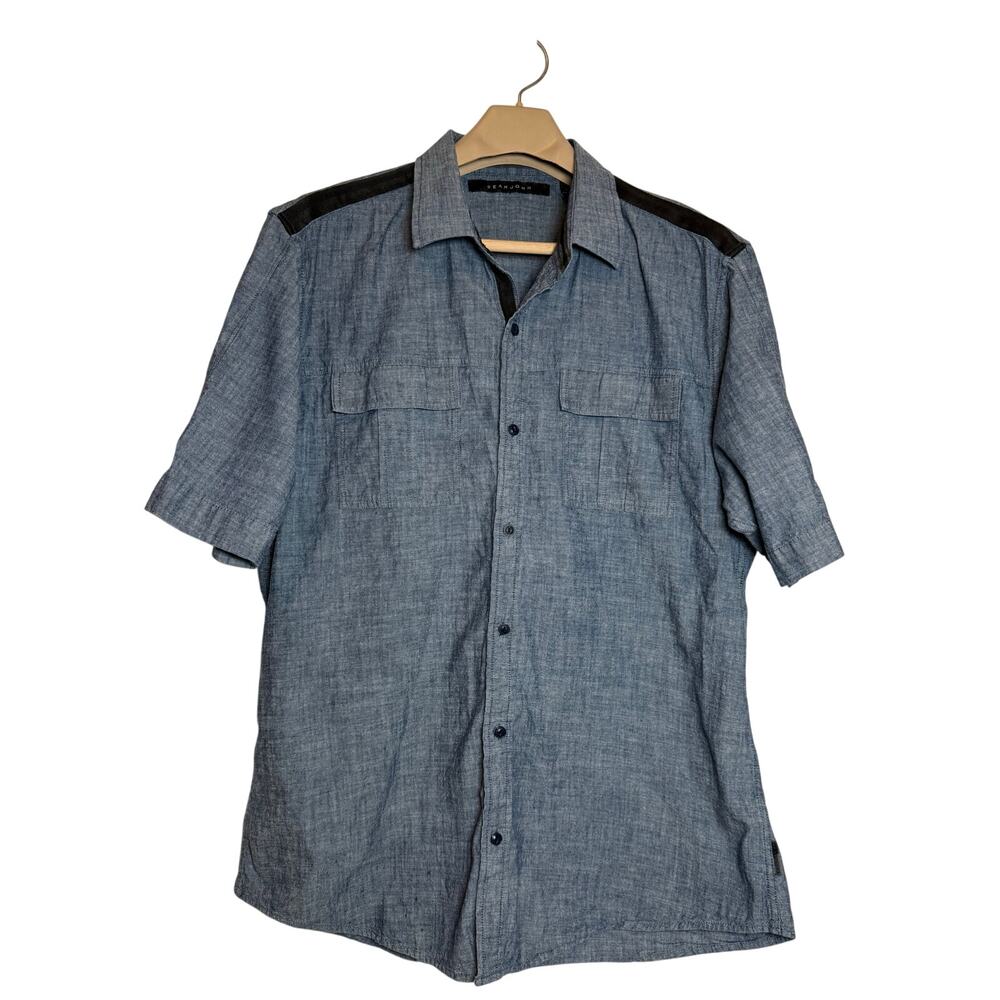 Sean John Chambray Shirt Men's 2XL Flap Pockets Short Sleeve Button Up Blue Jean